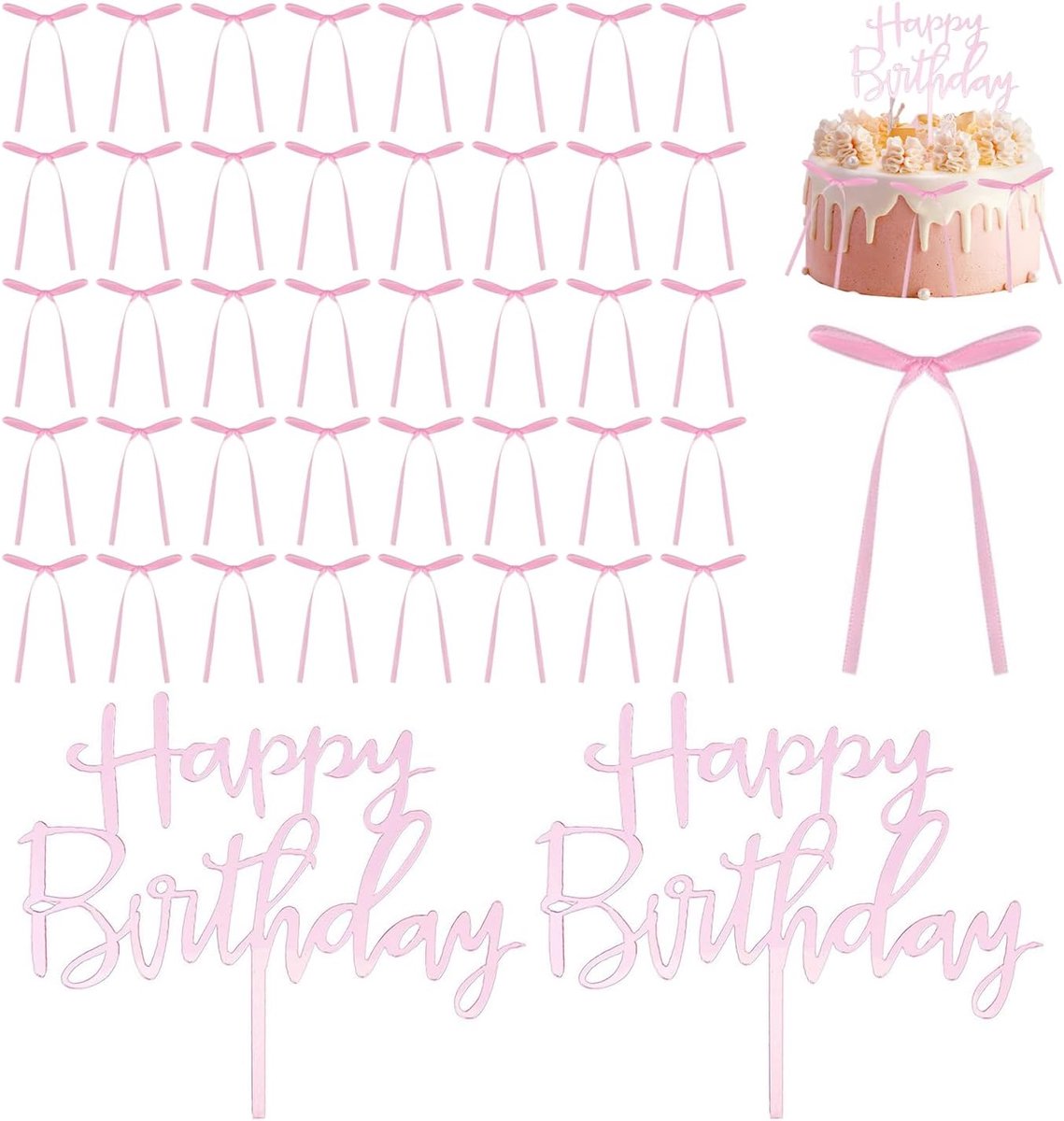 40 Roze Strikken, 2 Roze Verjaardagskaarten, Taart- En Dessertversieringen, Huwelijksfeest, Banketindeling - ShopVlot