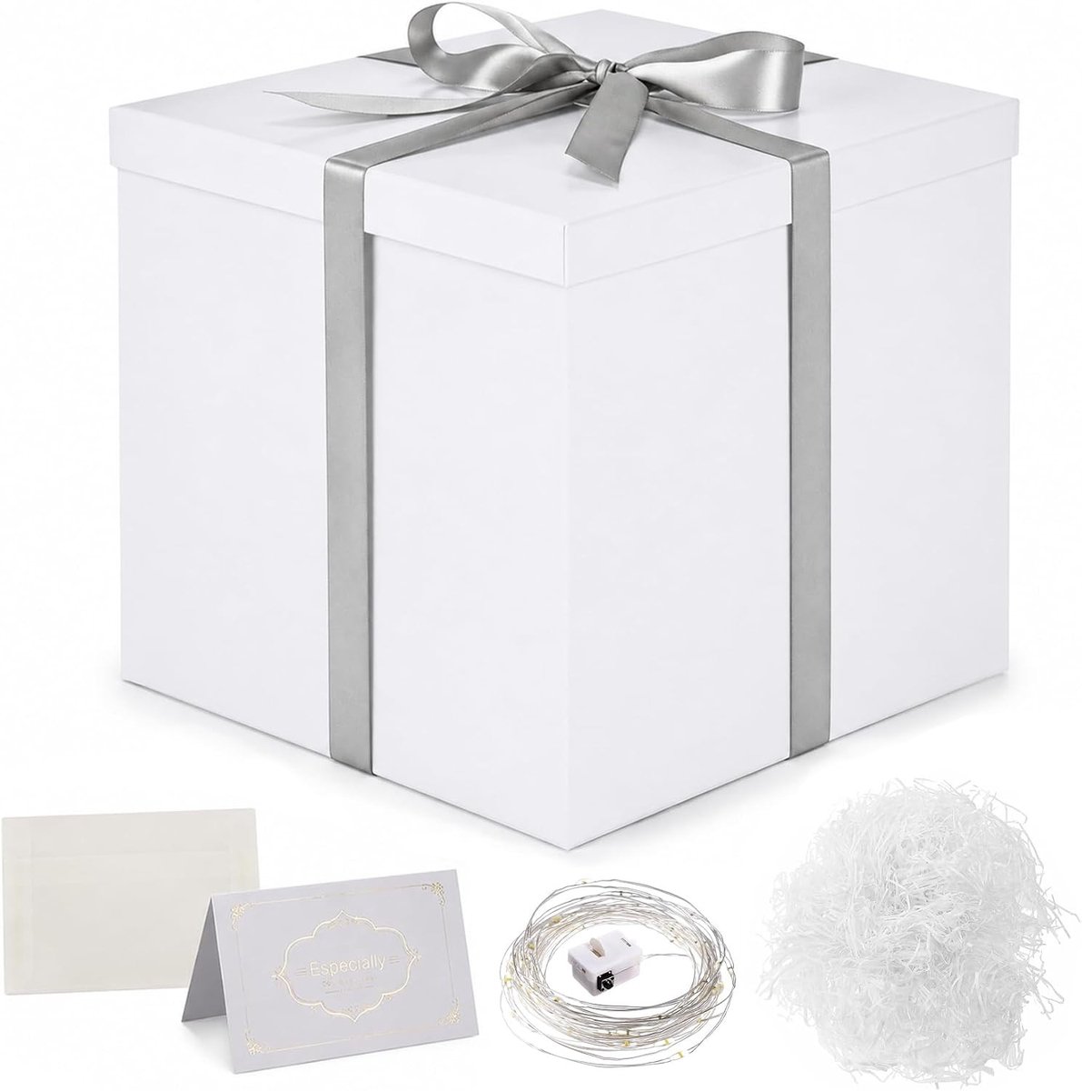 Grote geschenkdoos met deksel, 30 x 30 x 25 cm, premium kwaliteit, inclusief cadeaulint, raffia vulmateriaal, wenskaart voor Valentijnsdag, Kerstmis en bruiloften, perfect voor verjaardagen en speciale gelegenheden