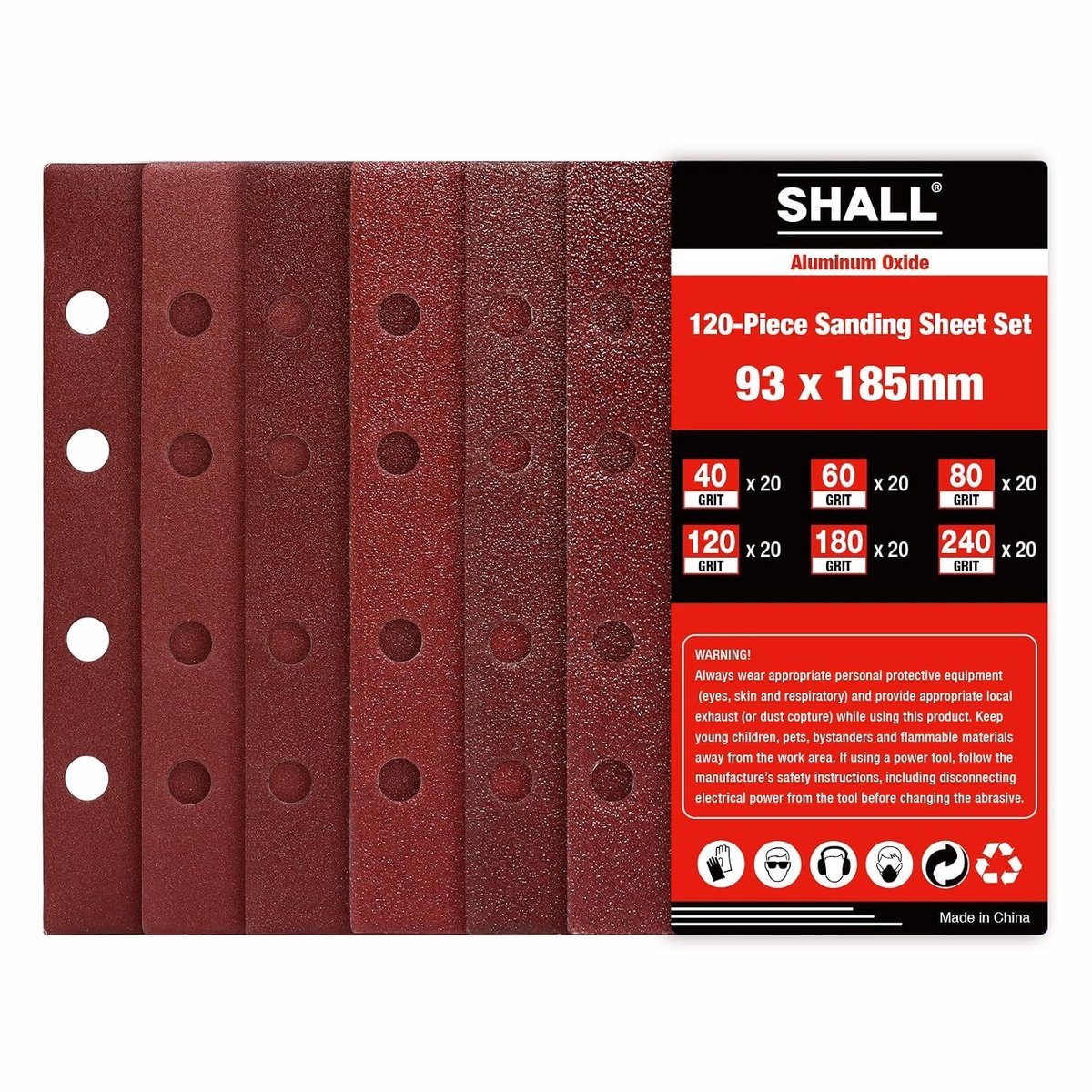 120 Stuks Schuurvellen Rectangular 93x185mm, 8 Gaten Schuurpapier, Assortiment van 40/60/80/120/180/240 Korrelgroottes voor Diverse Schuurprojecten
