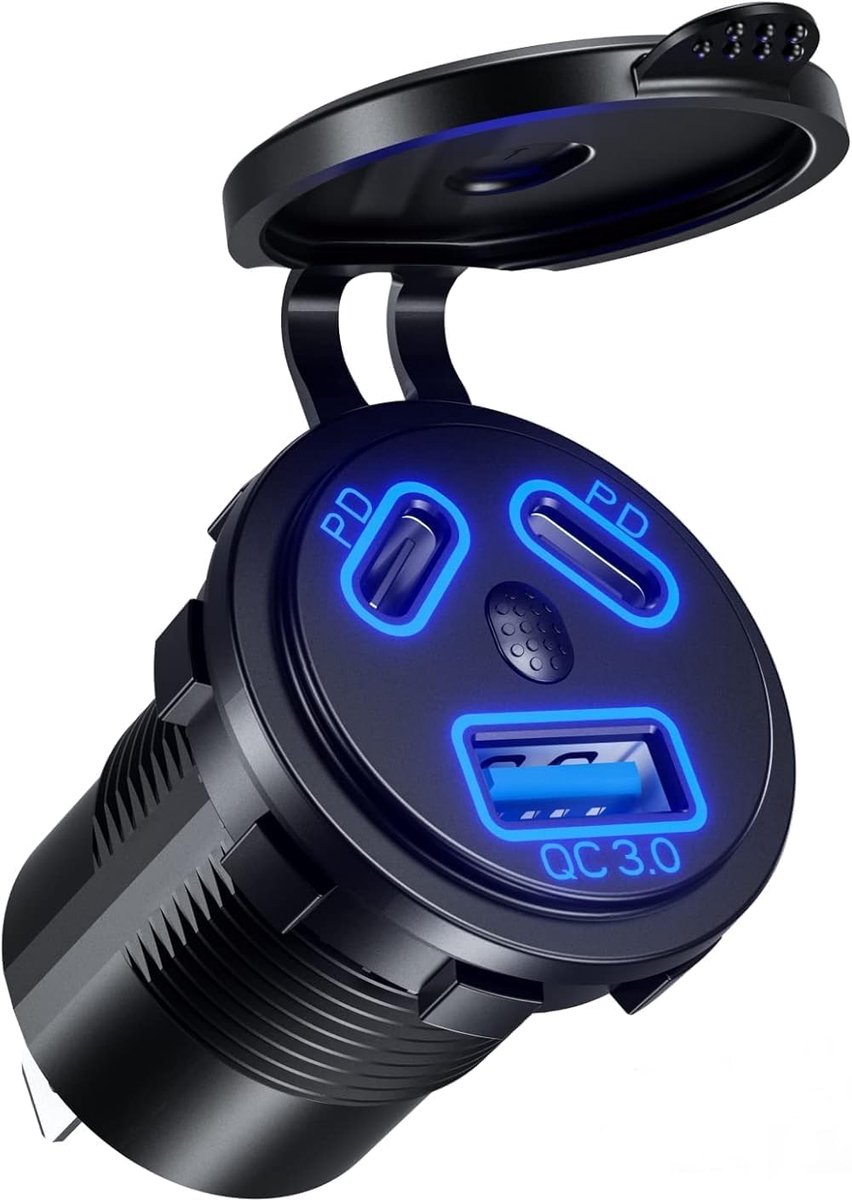 12 V USB-stekker voor auto, 108 W, super snel, dubbele PD3.0 en QC3.0, 3 meerdere poorten, voor auto, 12 V, waterdicht, voor motorfiets, camper, golfwagen