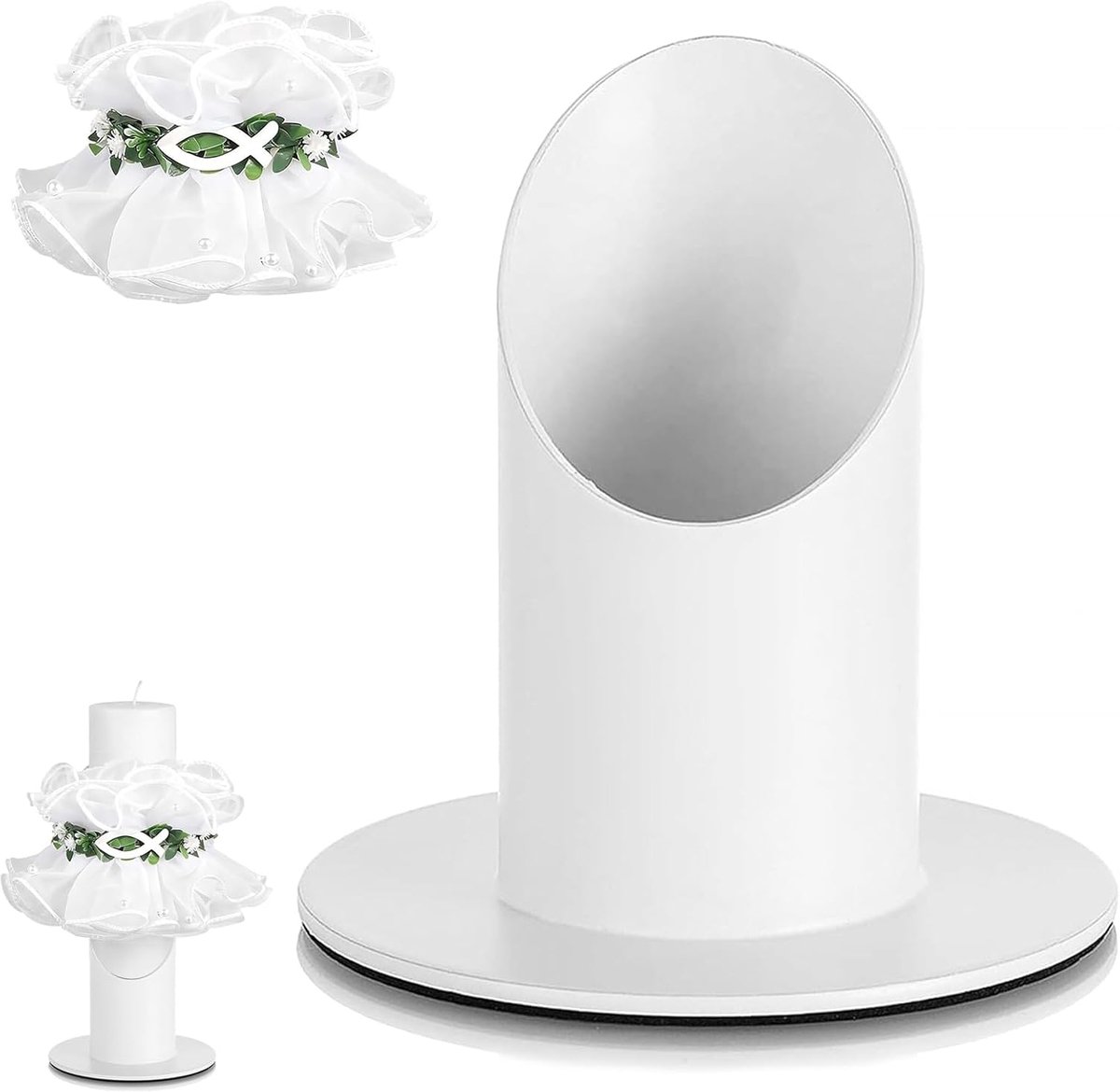 Kaarsenstandaard, communiekaars, 4 cm, witte metalen kaarsenhouder, druppelbescherming, communiekaars, ideaal als doopkaarsenstandaard en communie, decoratie voor doop, communie en religieuze