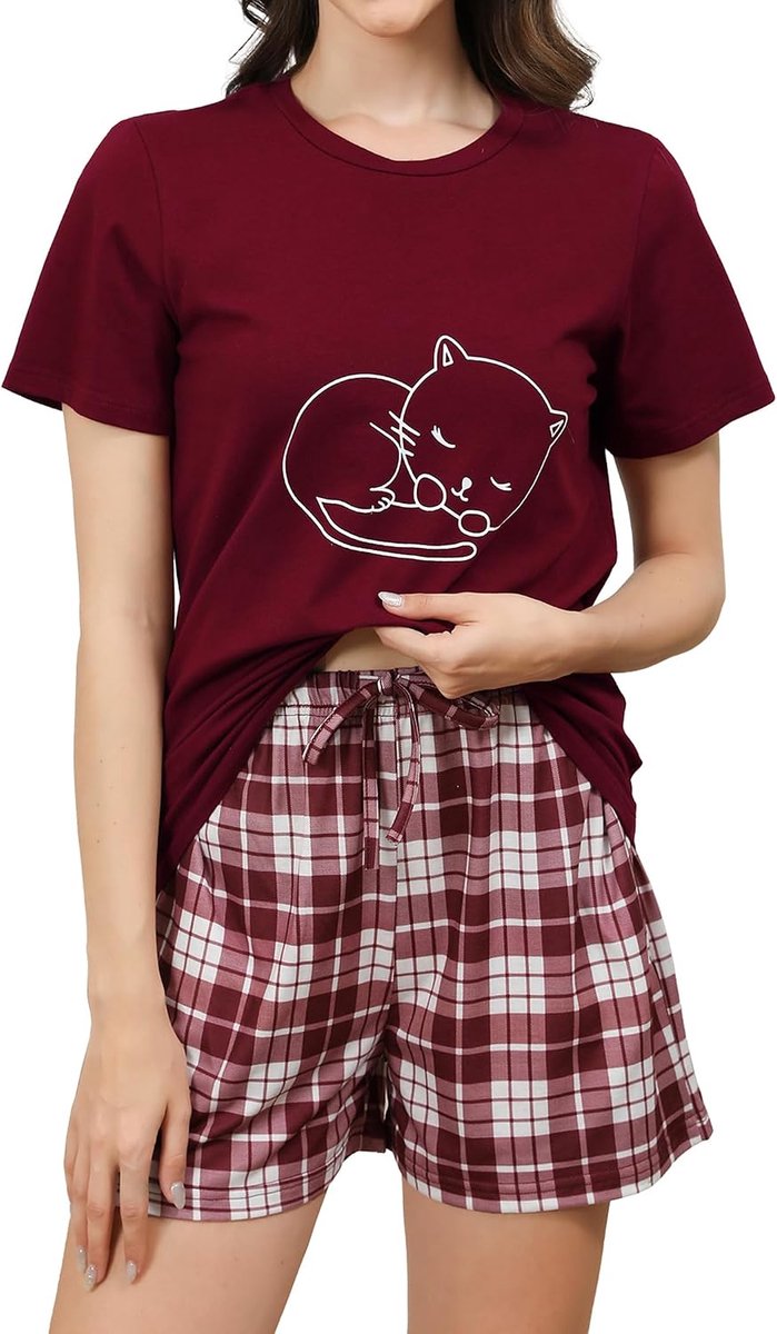 Pyjama's Dames Korte Katoenen Nachtkleding met Korte Mouwen Tweedelige Zomer Set met T-Shirt en Pyjamabroek Loungewear