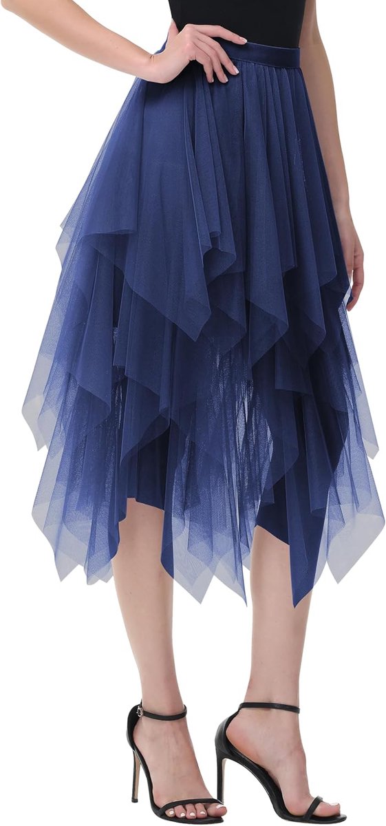 Tule rok, asymmetrische rok, korte skaterrok, midirok, zomerrok, koningsblauw, Eén Maat
