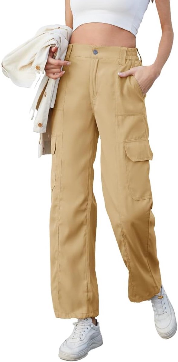 Cargobroek voor dames, hoge taille, brede pijpen, broek met meerdere zakken, baggy stretch, cargo broek, wandelbroek