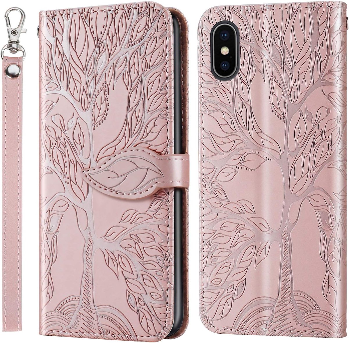 Hoes voor iPhone XS/iPhone X (5,8 Inch), PU-lederen klaphoes met magnetische sluiting en standaard, portemonneehoesje met kaartsleuf voor iPhone XS/iPhone X - Rosé Goud