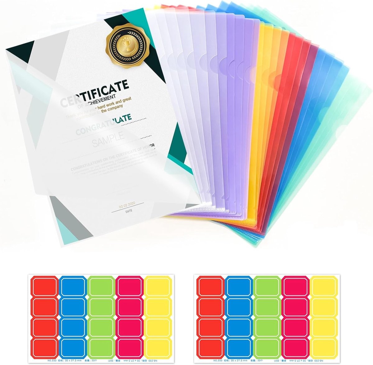 Set van 28 A4 Documentenmappen in 6 Kleuren met Labels, Ideaal voor School en Kantoor (21,5 x 31,8 cm)