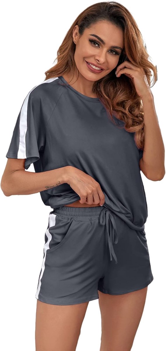 Pyjama set nachtkleding zachte pyjama set korte mouw top en onderkant zomer pyjama loungewear, Grijs, L