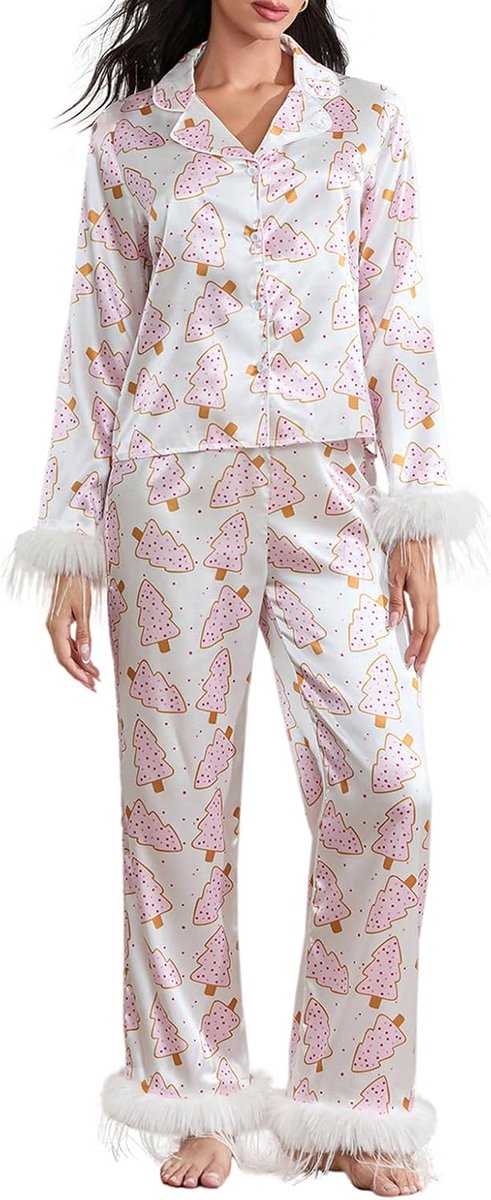 Pyjamaset voor dames, Kerstmis, overhemd met lange mouwen, reverskraag + broek