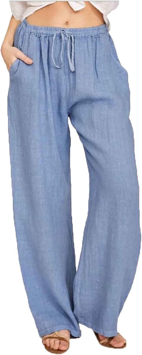Zomerbroek voor dames, vrijetijdsbroek, lang, licht, katoen, linnen broek, casual, wijde broek, casual, zomer, strandbroek, effen, met trekkoord, losse stoffen broek, elegante linnen broek