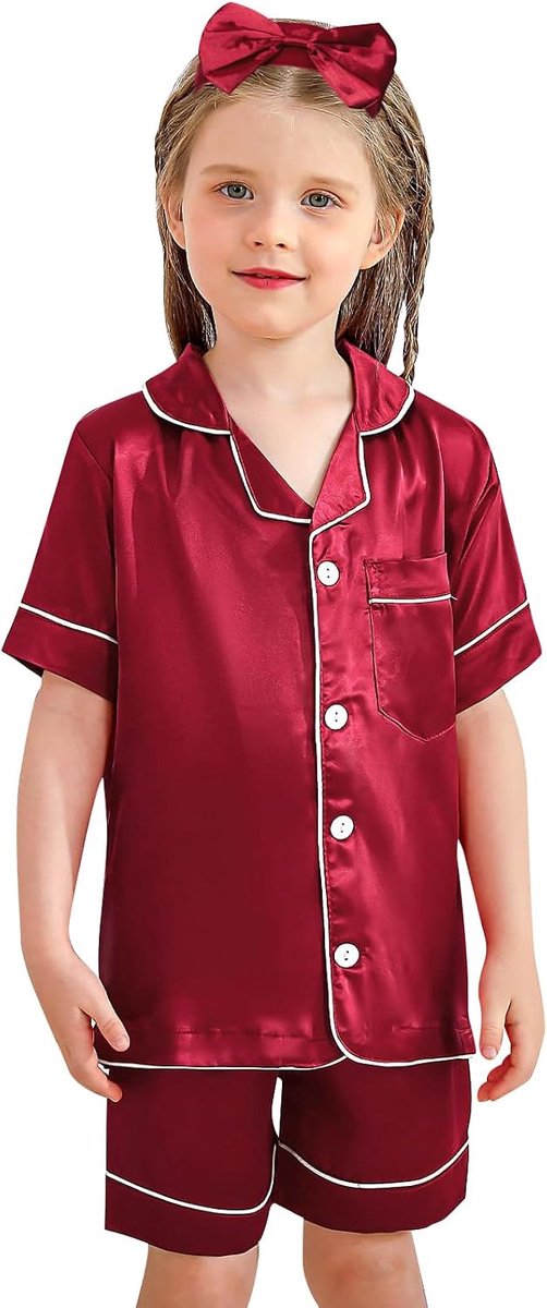 Pyjama Meisjes Jongens Zijden Set met Haarband Knopen Pyjama Nachtkleding Loungkleding Kledingset