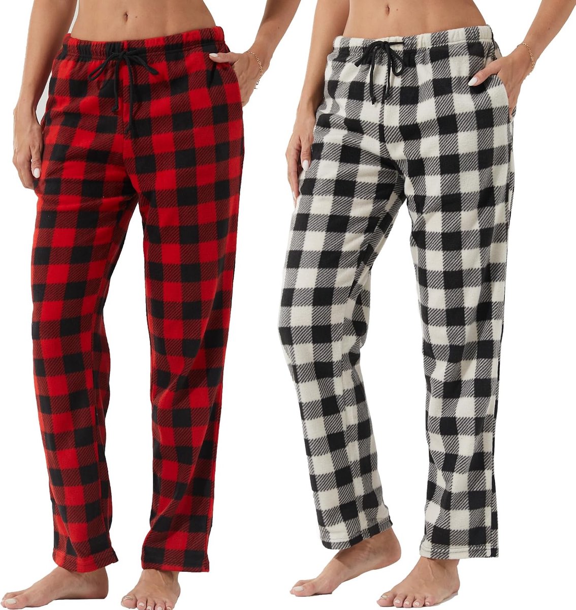 1-2 stuks pyjamabroek voor dames, lange geruite pyjamabroek, winter, fleece, nachtkleding, broek, zachte vrijetijdsbroek, kerstpyjama met zakken