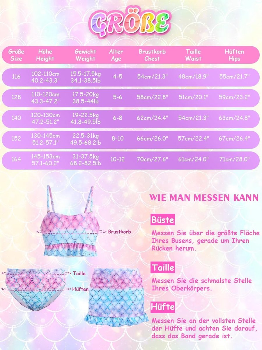 Badpak voor meisjes, 3-delig, bikini, tieners, verstelbare bandjes, zeemeerminbadpak, kinderen, 4-12 jaar