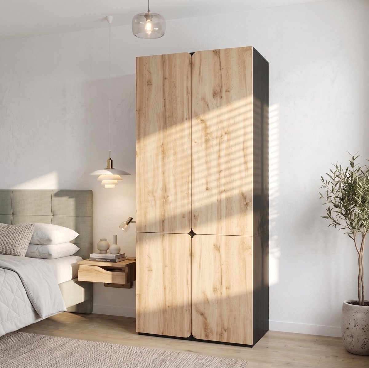 FloraGrace Kledingkast - Moderne Eikenlook Met 4 Deuren 3 Laden En Kledingroede - Voor Slaapkamer En Hal - MDF En Spaanplaat - 90x50x200 Cm Hout