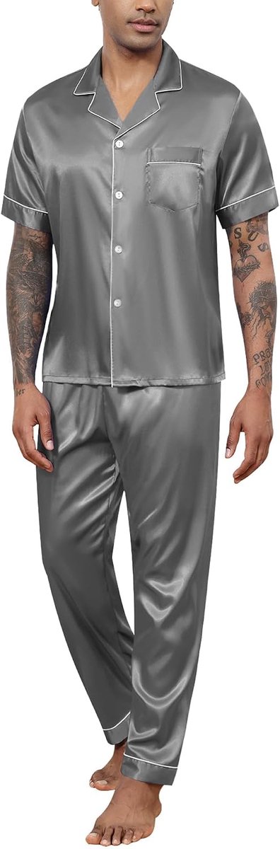 Pyjama heren lange satijnen pyjama set tweedelige lange mouwen mouwen knoopsluiting huispak en pyjamabroek zijden pyjama nachtkleding mannen huispak sleepwear loungewear