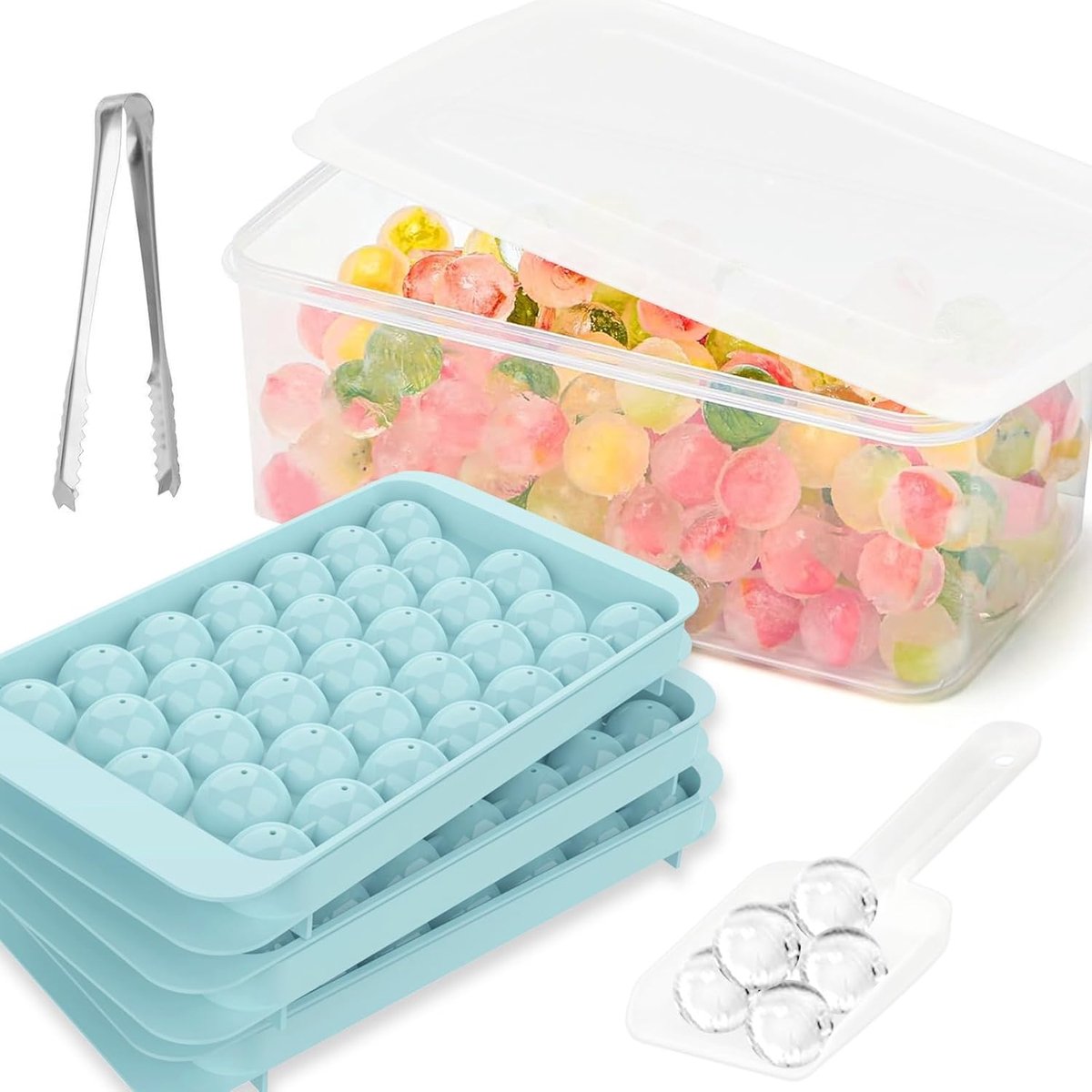 IJsblokjeshouder met deksel - 99 ronde ijsblokjes - harde kunststof - ideaal voor cocktails - ShopVlot