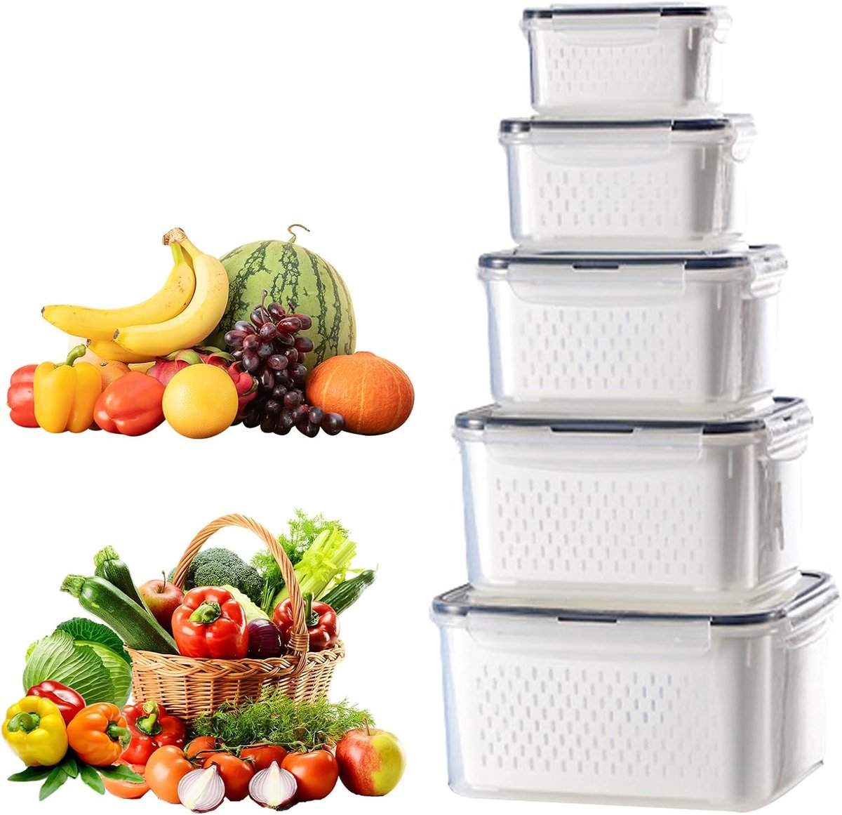 SnelShoppen - 5-Pack Transparante Plastic Opbergdozen voor Koelkast, Multifunctionele Bewaarboxen voor Fruit, Groenten, Vlees en Meer, Met Verstelbare