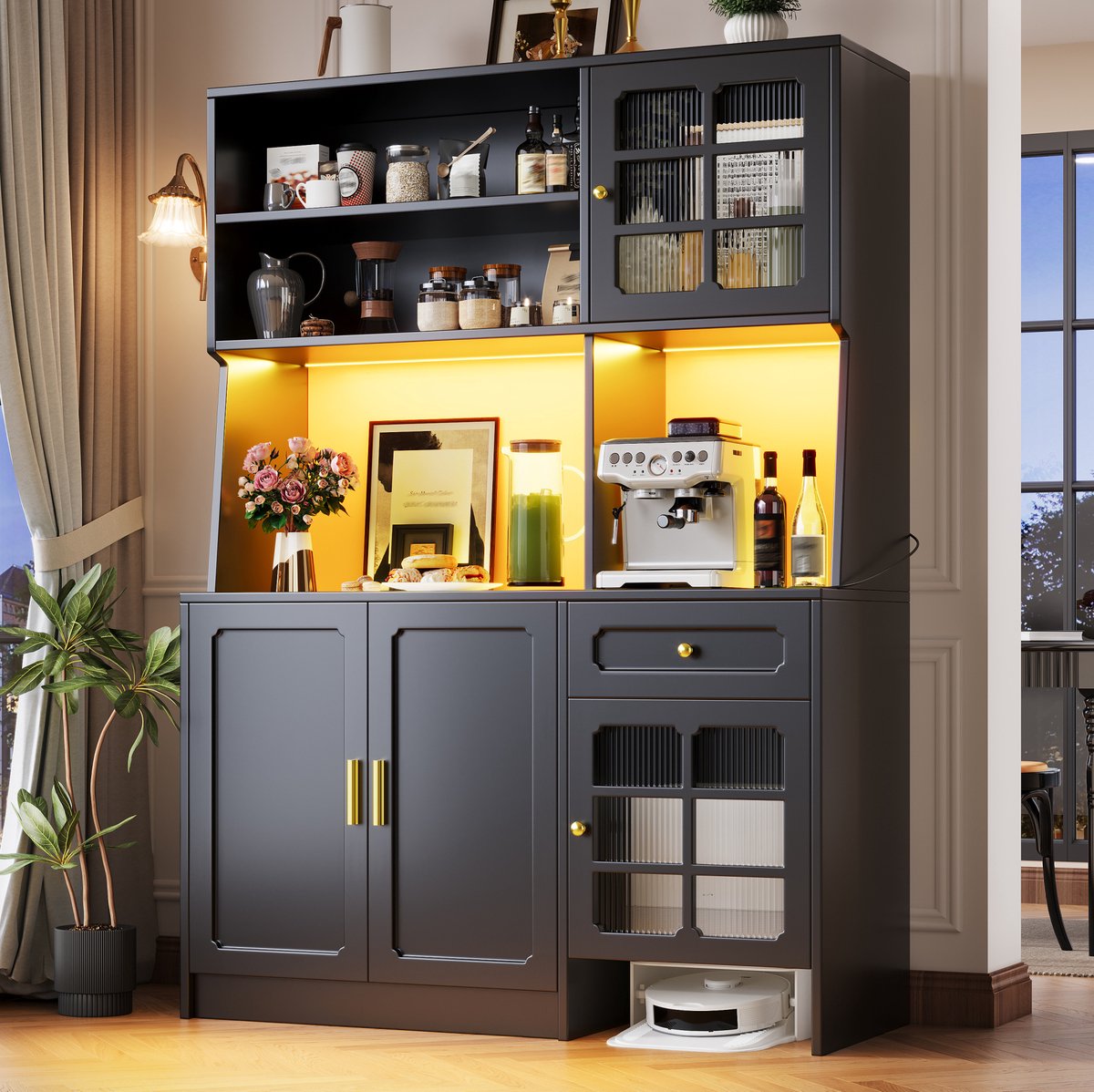WUVRIE Keukenkast 130 x 45 x 180 cm - LED, glazen deuren en opbergruimte - Zwart