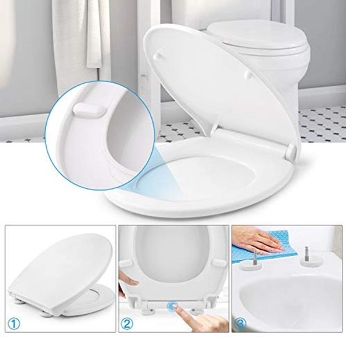 Ovale toiletdeksel met quick-release en softclose mechanisme - Antibacteriële WC-bril - Verstelbare RVS-scharnier