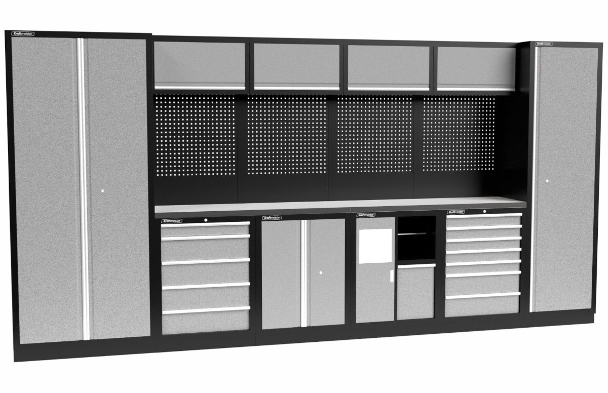 Kraftmeister werkplaatsinrichting - Werkbank met 4 wandkasten, 2 werkplaatskasten en RVS werkblad - Werktafel met 9 laden, 1 opbergkast, 1 prullenbak en gereedschapswand - Complete set voor werkplaats of garage - Grijs
