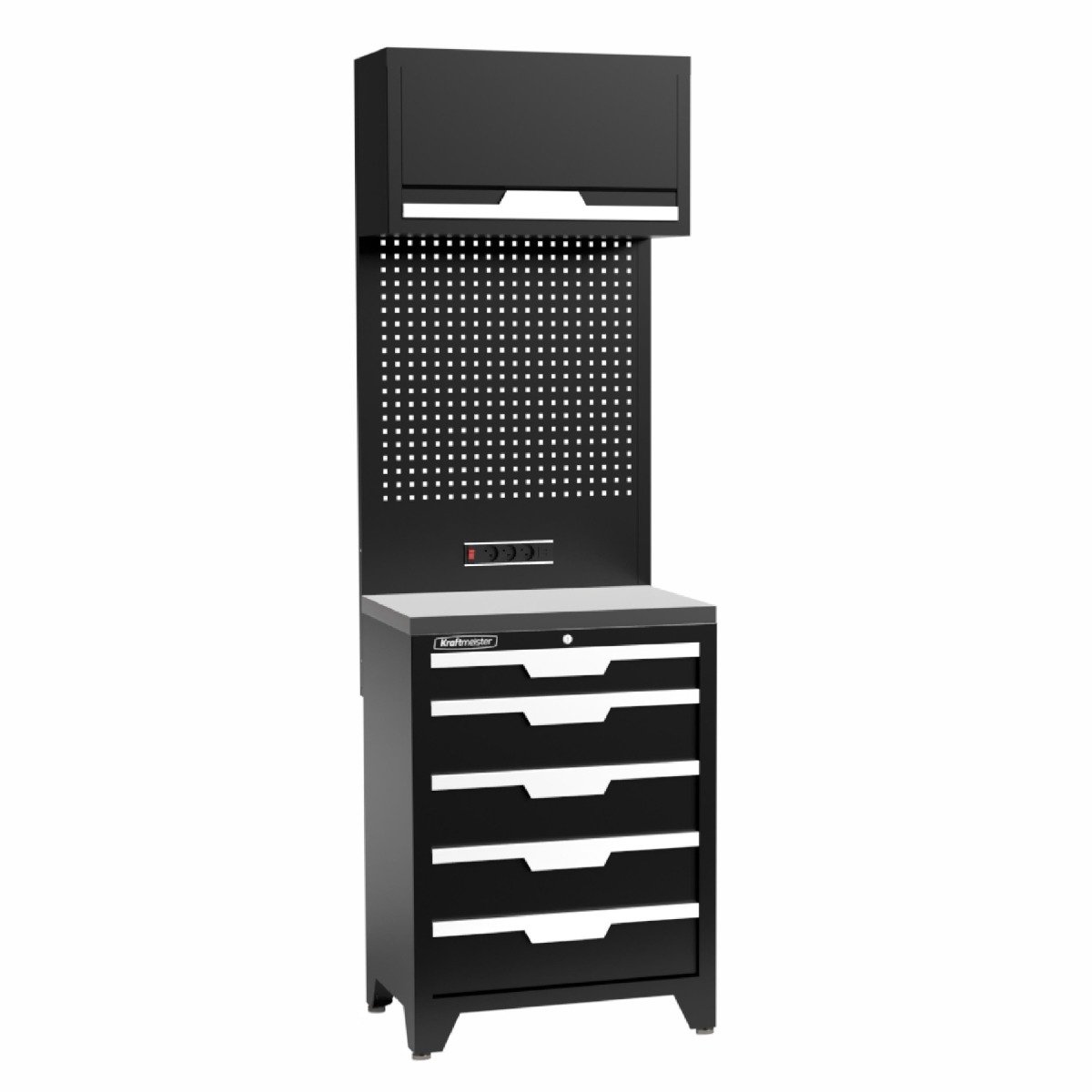 Kraftmeister werkplaatsinrichting - Werkbank met 1 wandkast en RVS werkblad - Werktafel met 5 laden en gereedschapswand - Complete set voor werkplaats of garage - Zwart