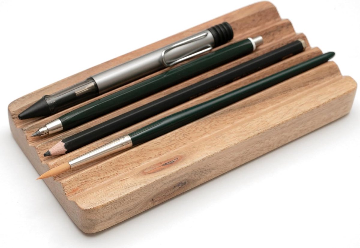 SnelShoppen - Houten Pen Tray - Acaciahout - Handgemaakt - Desk Organizer - 18 x 9 cm - 1 Compartment - Stijlvolle Bureau Organizer voor Kantoor en Cr