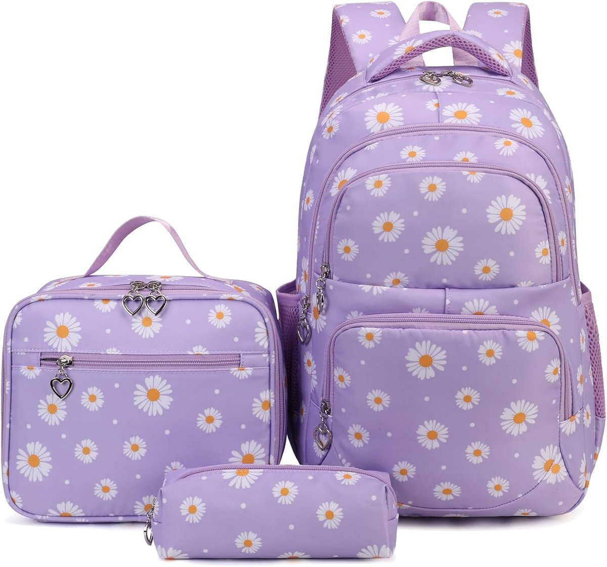 SnelShoppen - Daisies Geprinte Schoolrugzak Set met Lunchbox, Etui, 3 Rugzakken voor Tieners, Meisjes, Jongens, Basisschool en Middelbare School, Wate