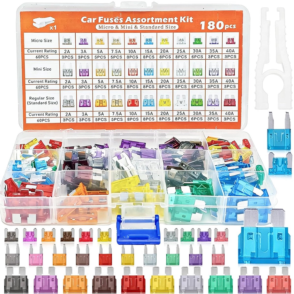 180 Stuks Autozekeringenset, 60 Mini-Vlakzekeringen + 60 Standaardzekeringen + 60 Microzekeringen + 1 Zekeringtrekker – voor Personenauto's/Motorfietsen/Campers/Vrachtwagens (2A–40A)