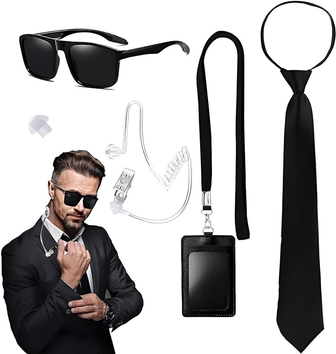 5 stuks accessoires Secret Agent kostuum mannen in zwart, inclusief zonnebril, stropdas, tassen voor wenskaarten en namaakhelmen, voor rollenspellen
