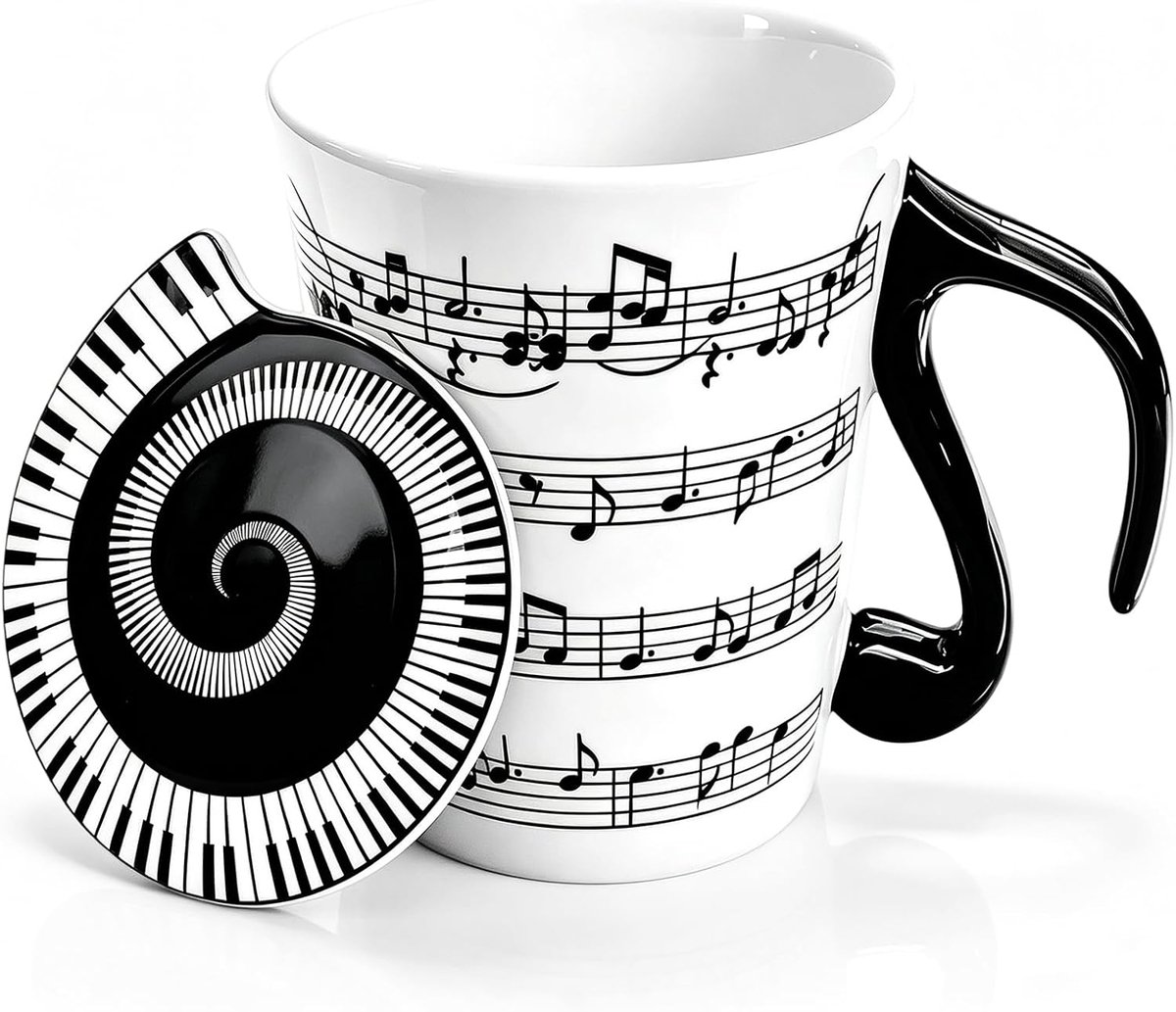 Muziekbeker van keramiek, mok met handvat in de vorm van een muzieknotitie piano met deksel