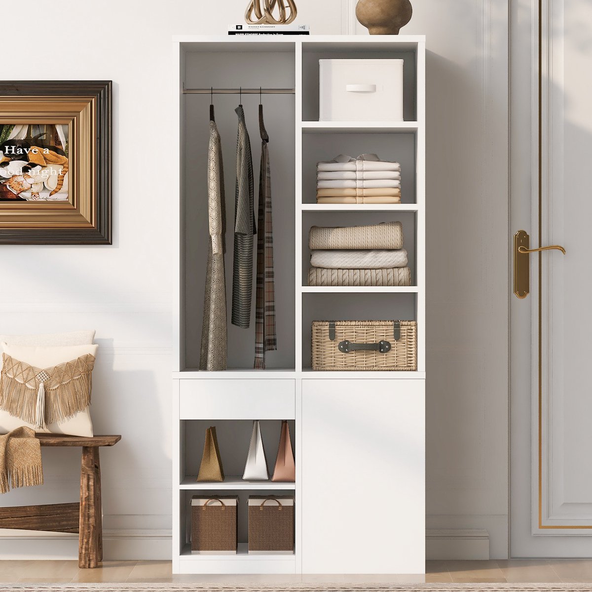 FloraGrace Kledingkast - Met Lades, Hanggedeelte En Open Planken - Voor Slaapkamer En Kinderkamer - MDF - 70x50x170 Cm - Wit