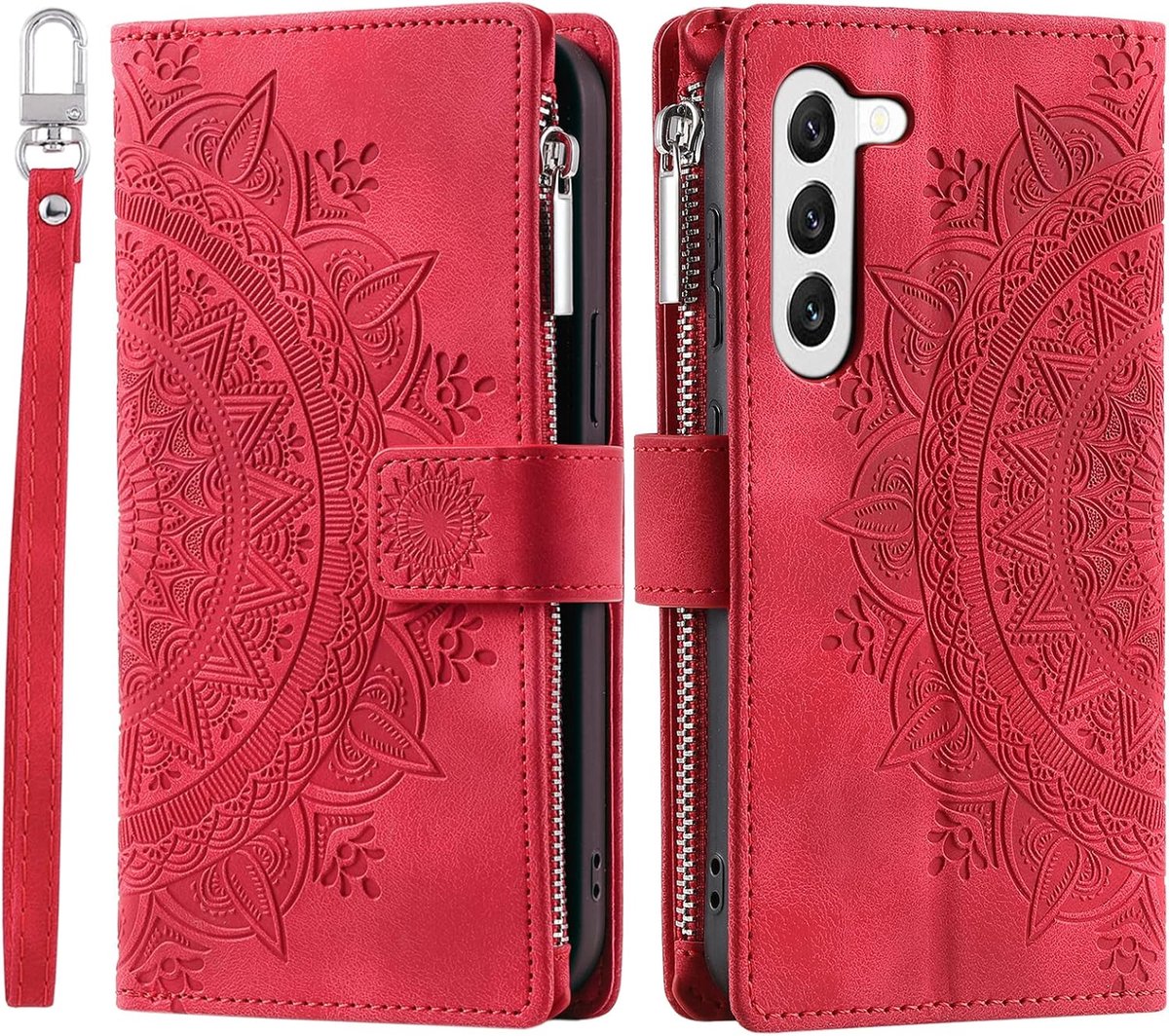 Telefoonhoesje voor mobiele telefoon voor Samsung Galaxy S23 5G, klaphoes met bloemen, klaphoes met kaartenvak, klaphoes voor boeken, flipcase, standaard, rood