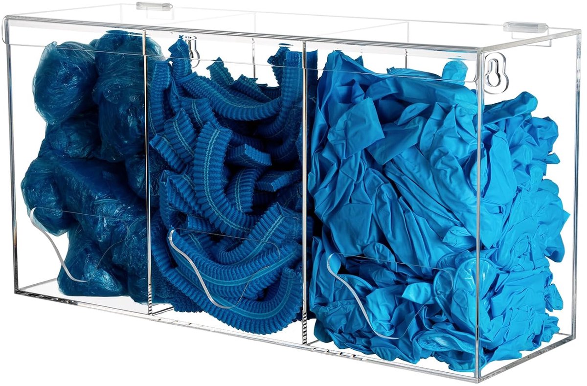 Handschoendispenser van acryl, 3-voudig, handschoenenhouder, wandhouder voor wegwerphandschoenen, haarnet en schoenovertrek, dispenser, transparante opbergdozen met deksel, 40,5 x 13 x 21 cm