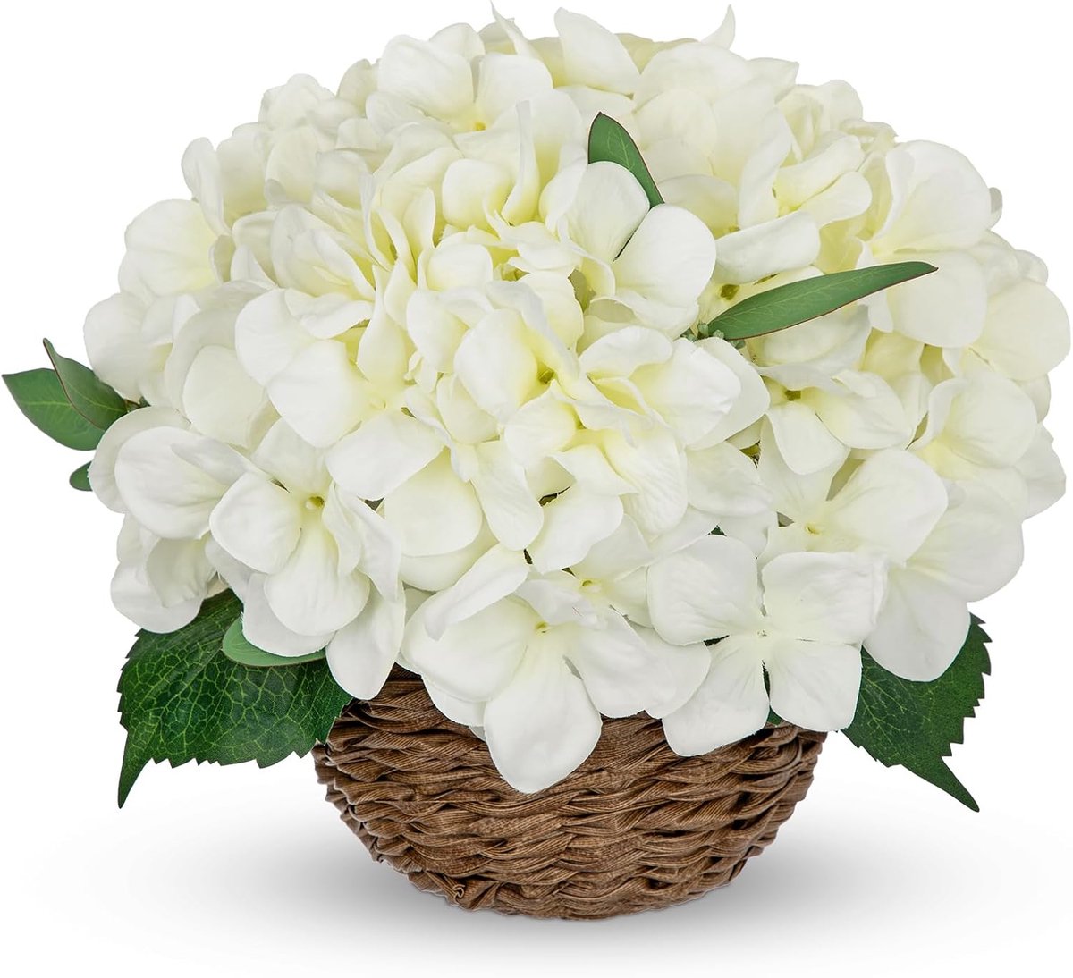 Kunstbloemen in rustieke pot 25 cm echte touch nep hortensia bloemen met geweven mand faux witte bloemstukken voor boerderij veranda tuin stand thuis tafel decor