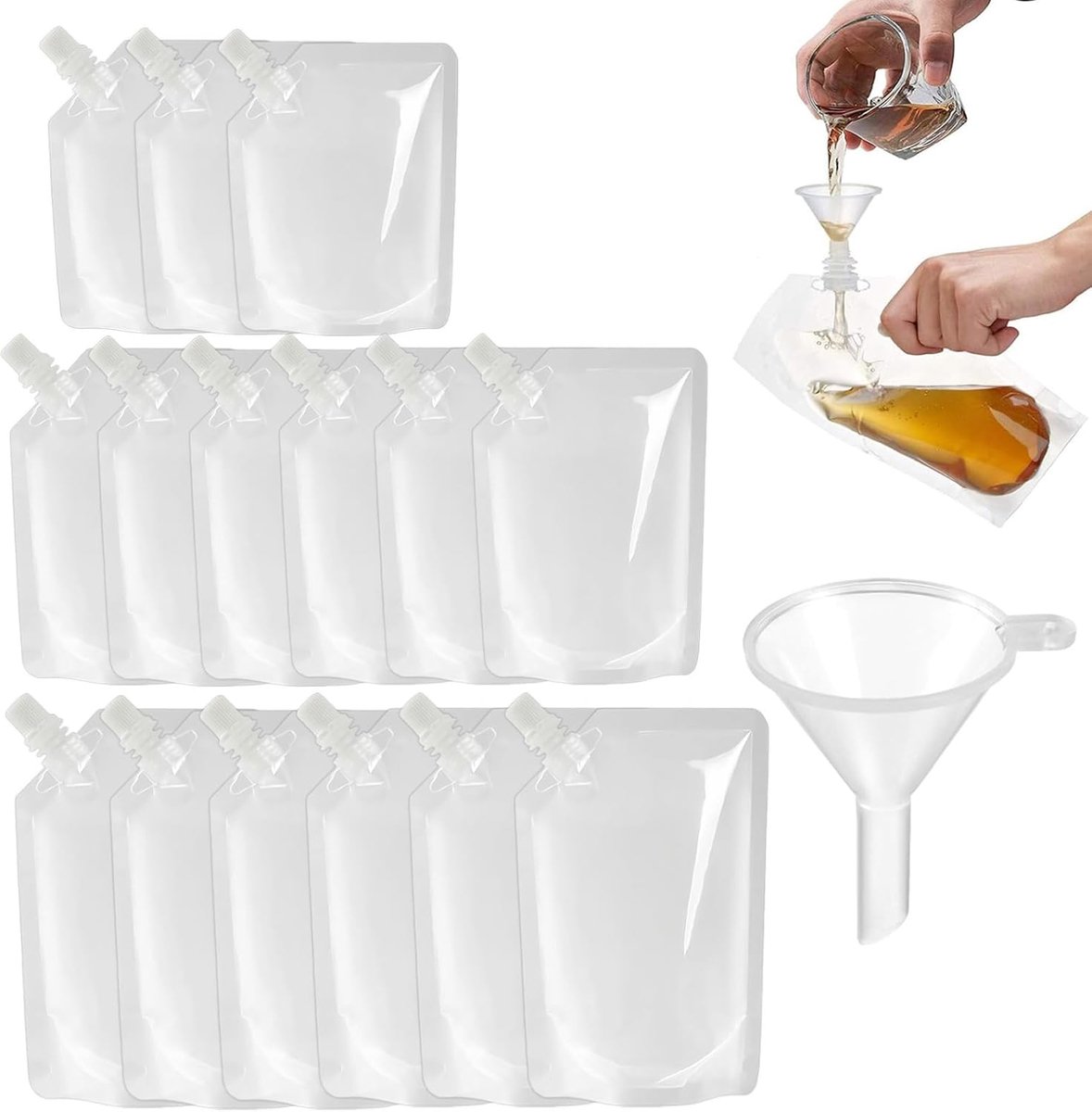Drankzakjes 15 stuks - 3 x 250 ml, 6 x 420 ml, 6 x 500 ml met trechter - lekvrije opvouwbare drankzakken voor cruise, kamperen, festivals, reizen - doorzichtige plastic flessen voor