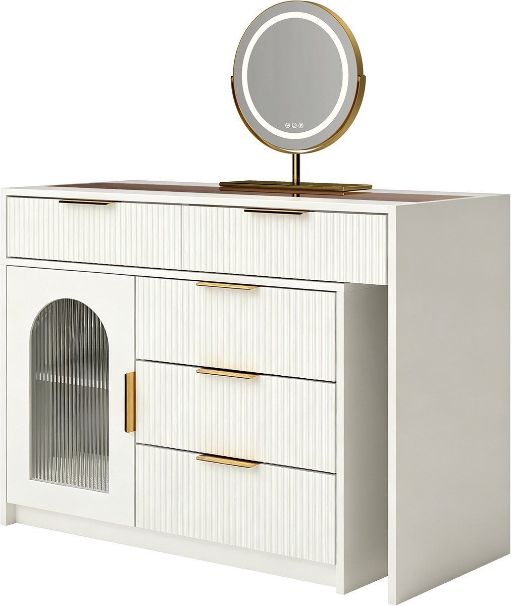 Kaptafel Met LED Spiegel - Uitschuifbare Tafel Met Laden En Kastdeur - Flexibele Make-up Tafel Voor Slaapkamer - Wit MDF Met Glasplaat