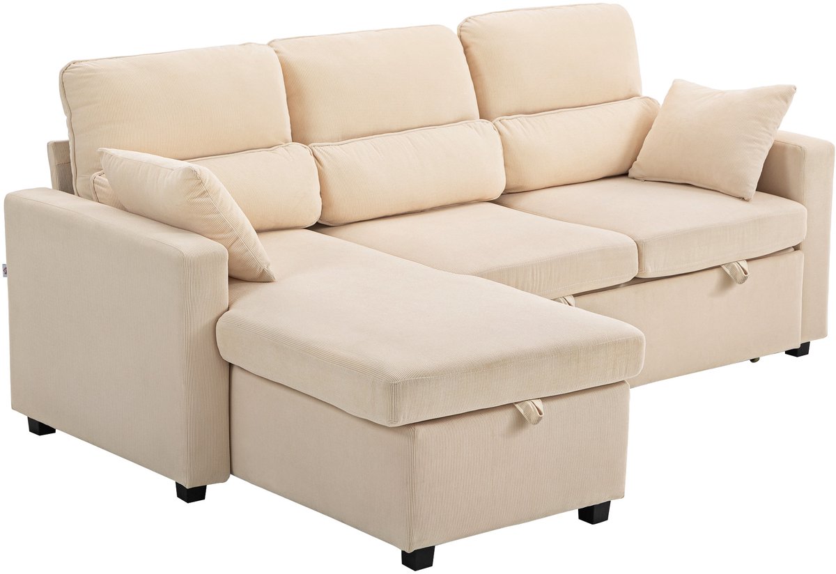 Homona Slaapbank L-vorm - Met slaapfunctie en opbergruimte - Omkeerbare chaise longue - Cordstof - 205 x 135 x 76 cm - Beige