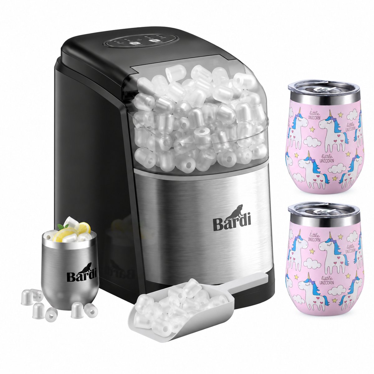 Bardi IJsblokjesmachine Set - 1.6L RVS - Zelfreinigingsfunctie - IJsblokmaker met IJsschep -met IJsschep - Inclusief 3 Luxe Thermosbekers en Ijsschep- Eenhoorn