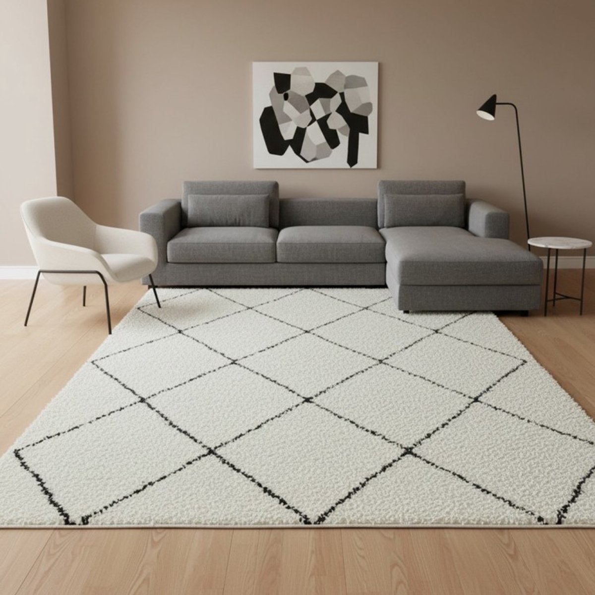 TapisTrend Harig tapijt Wit-Zwart 200x290 cm Hoogpolig vloerkleed met een groot ruitpatroon voor de woonkamer, slaapkamer en ontspanningsruimte