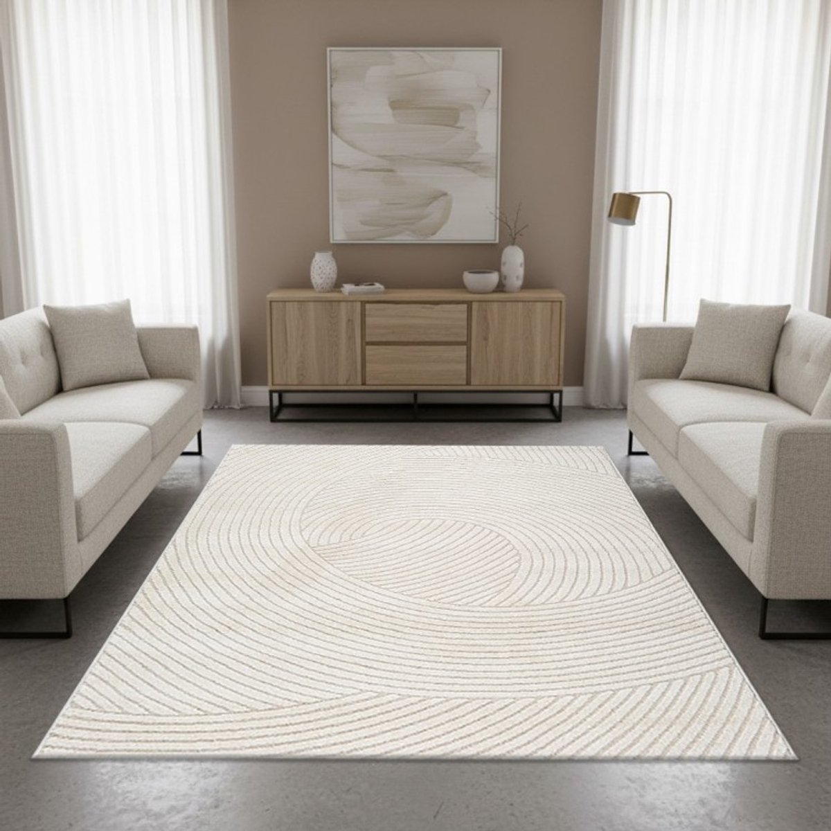 TapisTrend Designer tapijt Crème 140x200 cm Modern vloerkleed met concentrische gebogen lijnen en een abstract reliëfpatroon voor de woonkamer Beige