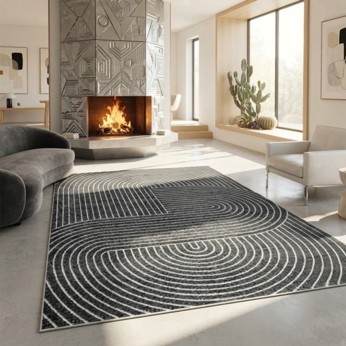 TapisTrend Designer tapijt Antraciet 140x200 cm Modern buitenkleed met concentrische lijnen en geometrische gebogen vormen voor terras, balkon en woonkamer