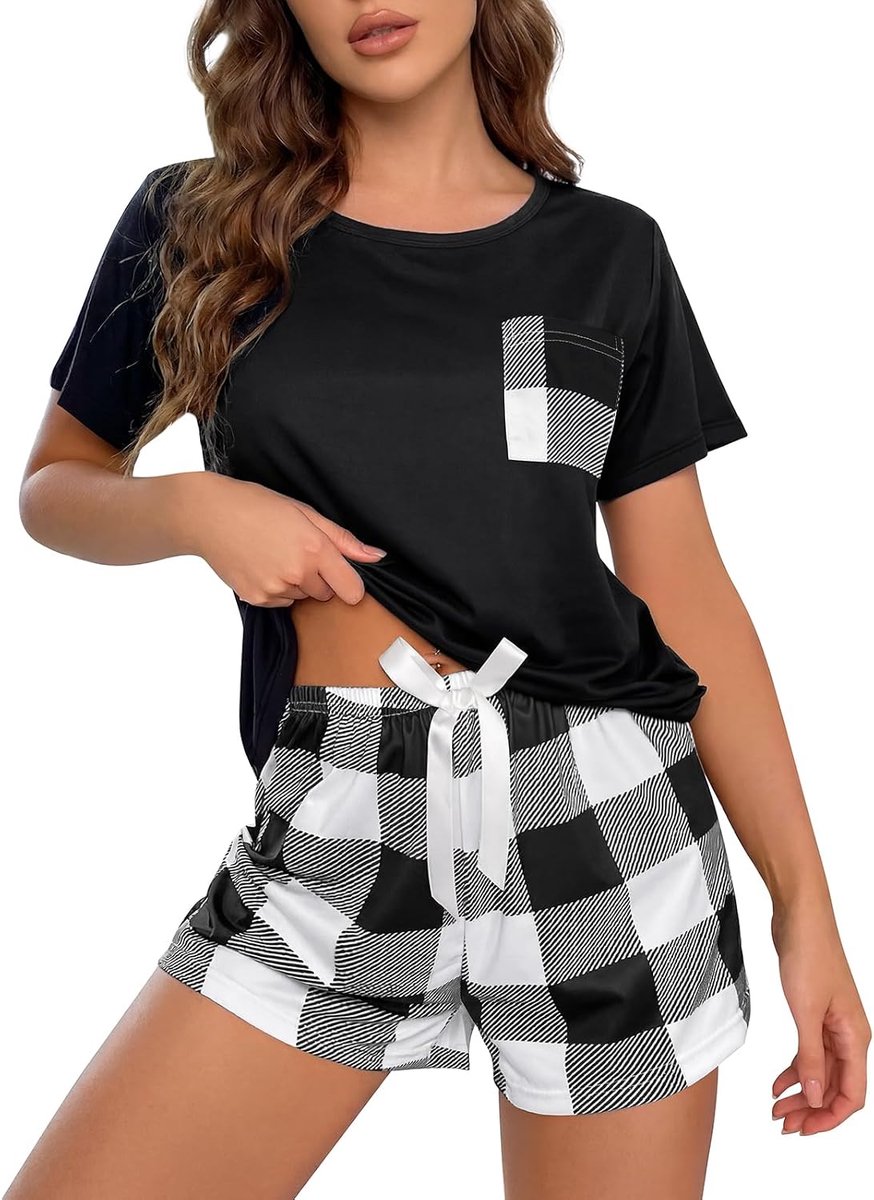 Pyjama voor dames, kort, tweedelige pyjamaset, zomer, korte mouwen, nachtkleding, T-shirt met geruite shorts, shorty loungewear