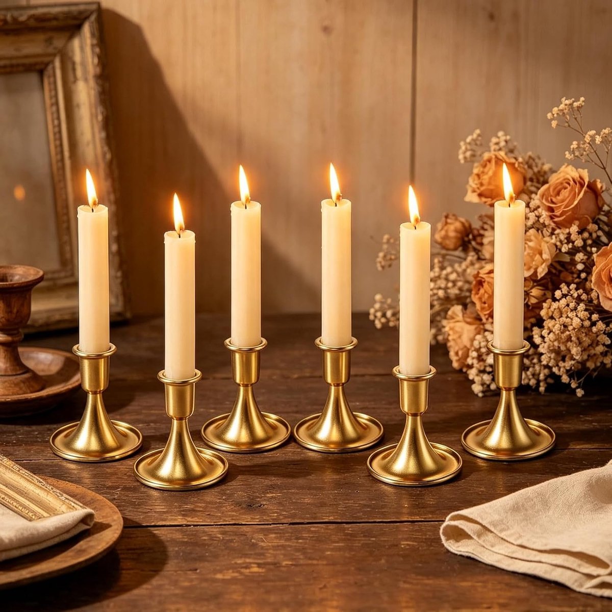 6 stuks kandelaars gouden kaarsenhouder, vintage gouden staafkaarsenhouder voor staafkaarsen, kaarsenhouder goud voor bruiloft, feest, tafeldecoratie, Kerstmis, adventskrans, moderne tafeldecoratie