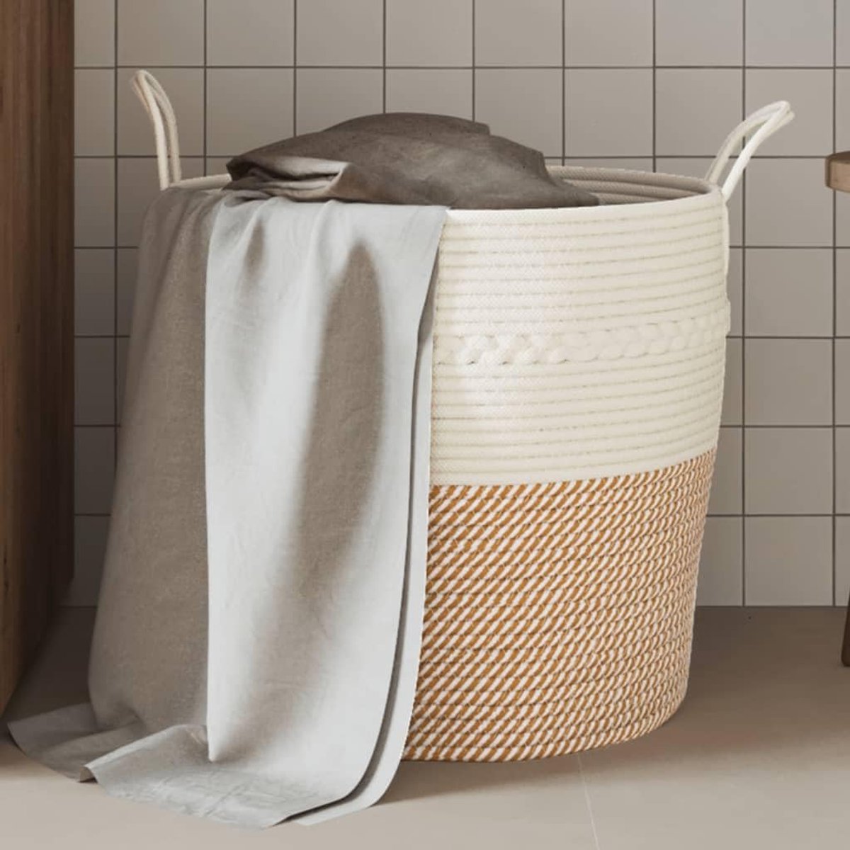 Touw mand voor opslag, bruin en wit, 43 x 38 cm