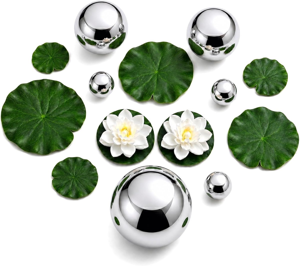 Vijverdecoratieset, 6 drijvende ballen voor mini-vijver, roestvrij staal met 8 drijvende lotusbladeren, drijvende bloemen, voor mini-vijver/tuinvijver vijverballen