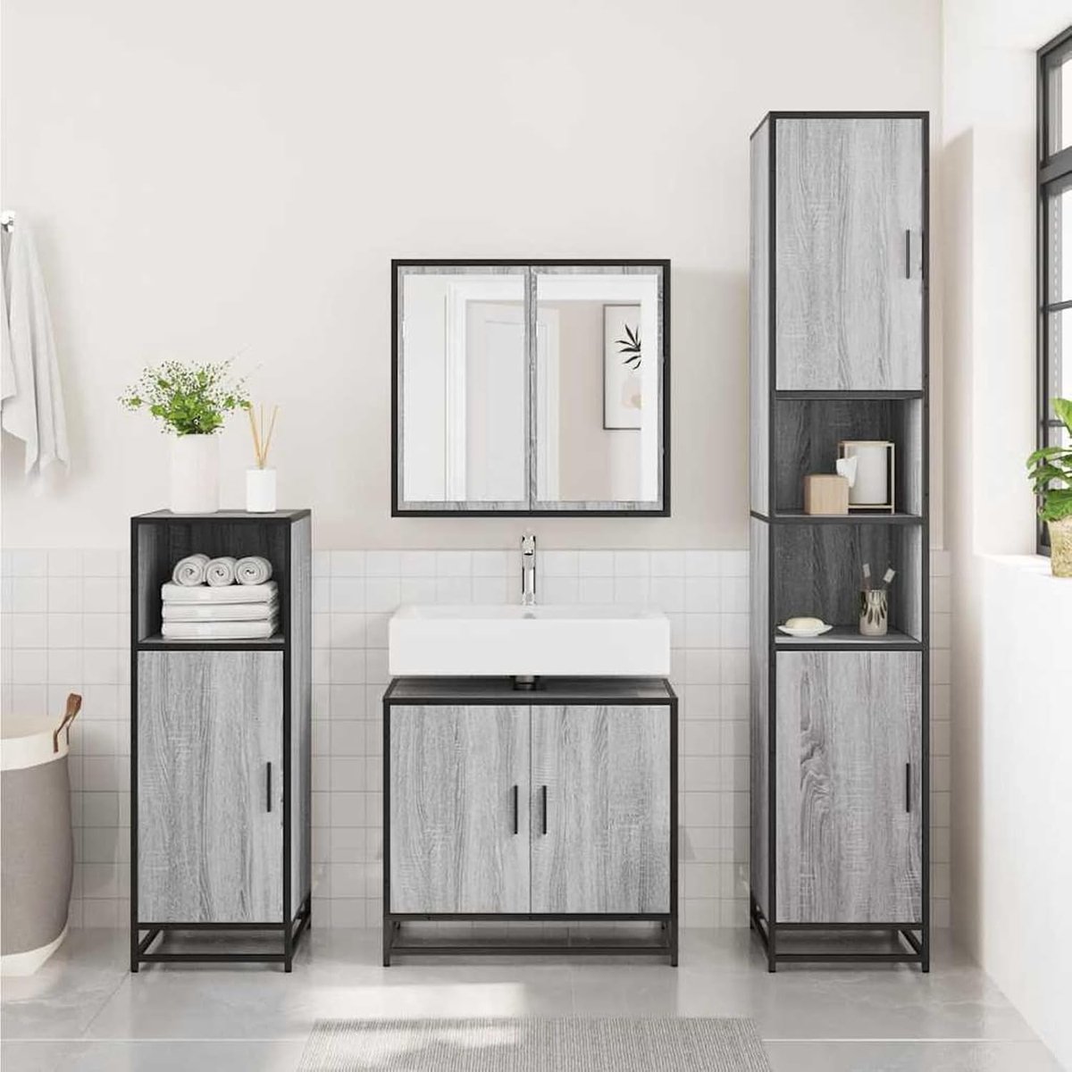 Wastafelonderkast 65x33x60 cm grijs Sonoma van hout en metaal voor badkamer inrichting