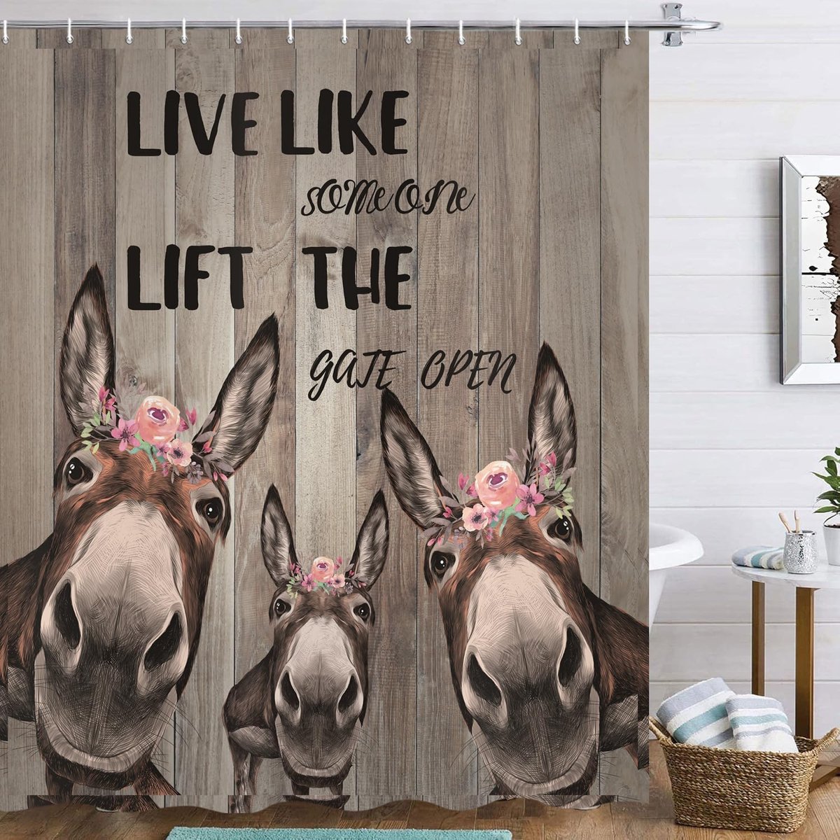 Douchegordijn, boerderij, ezel, 180 x 200 cm, rustieke badkamerdecoratie, grappig, vintage, western, hout, waterdicht, badgordijn, polyester, textiel, wasbaar, douchegordijnen voor bad, met 12