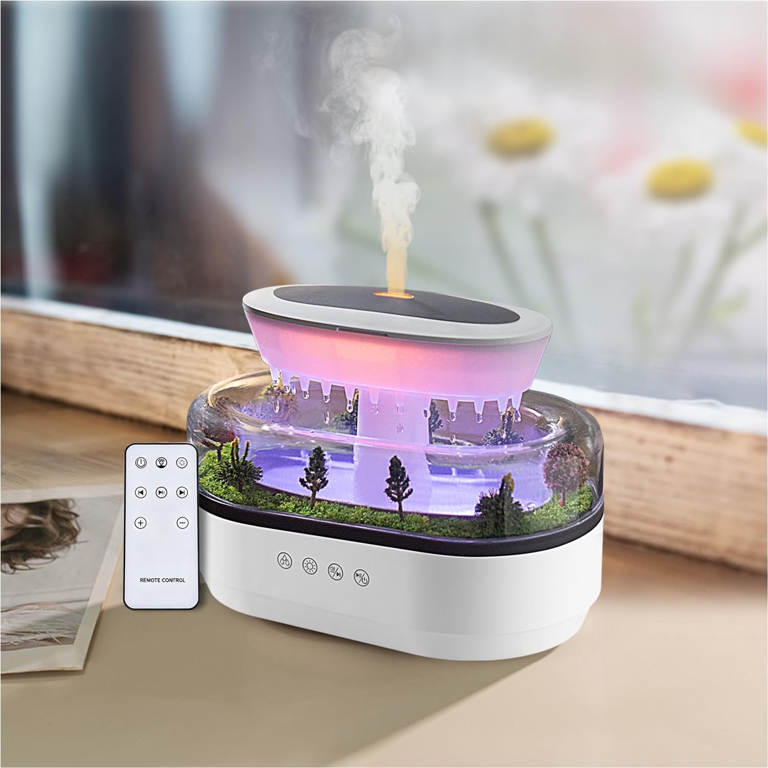 Regen Diffuser 250 ml etherische olie diffuser, wolk luchtbevochtiger regenwater druppelluchtbevochtiger met druppelmuziek micro landschap ultrasone diffuser voor slaapkamer (wit)