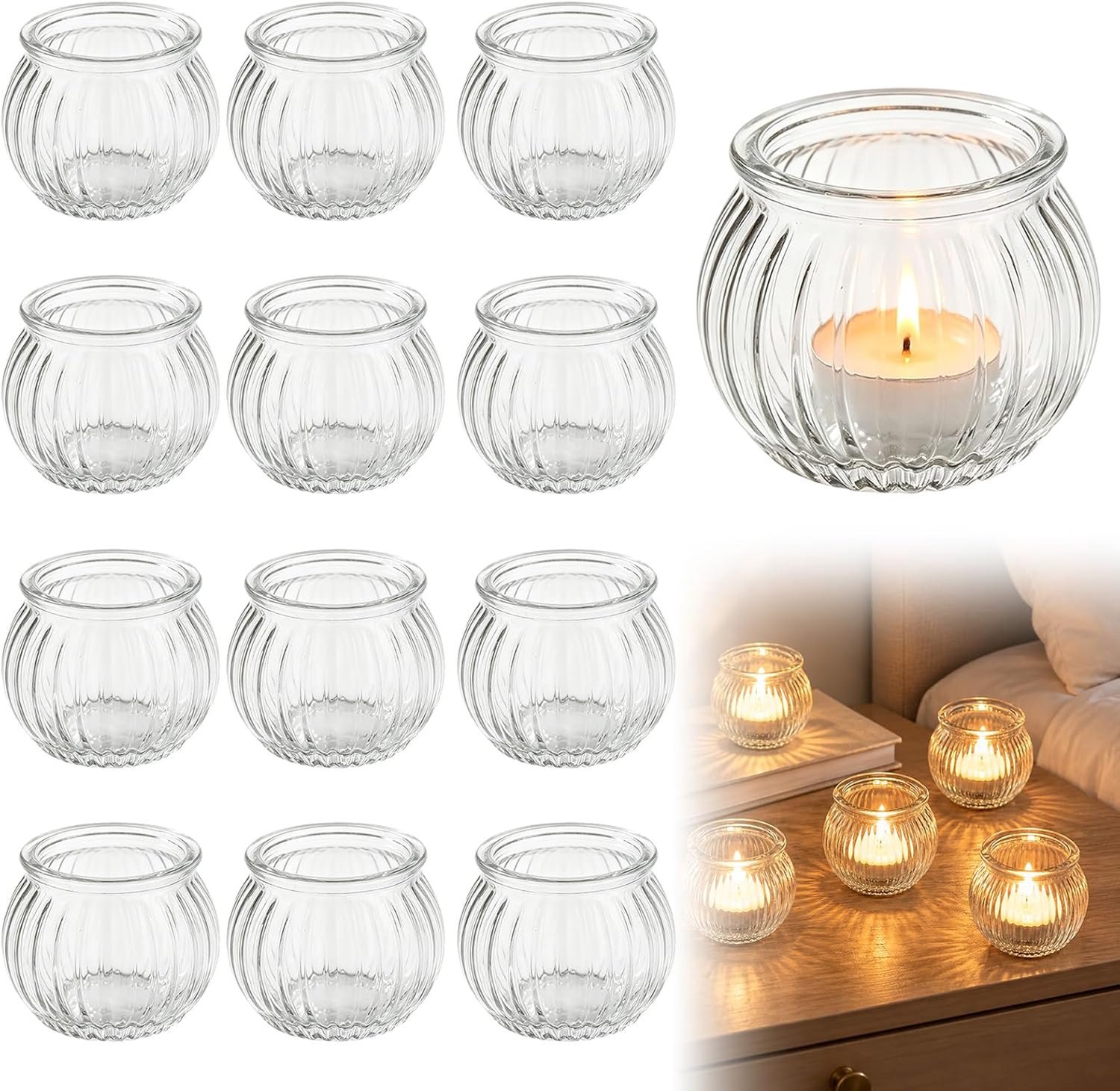 Theelichthouders, glas, set van 12, pompoendesign, geribbelde kaarsenglazen