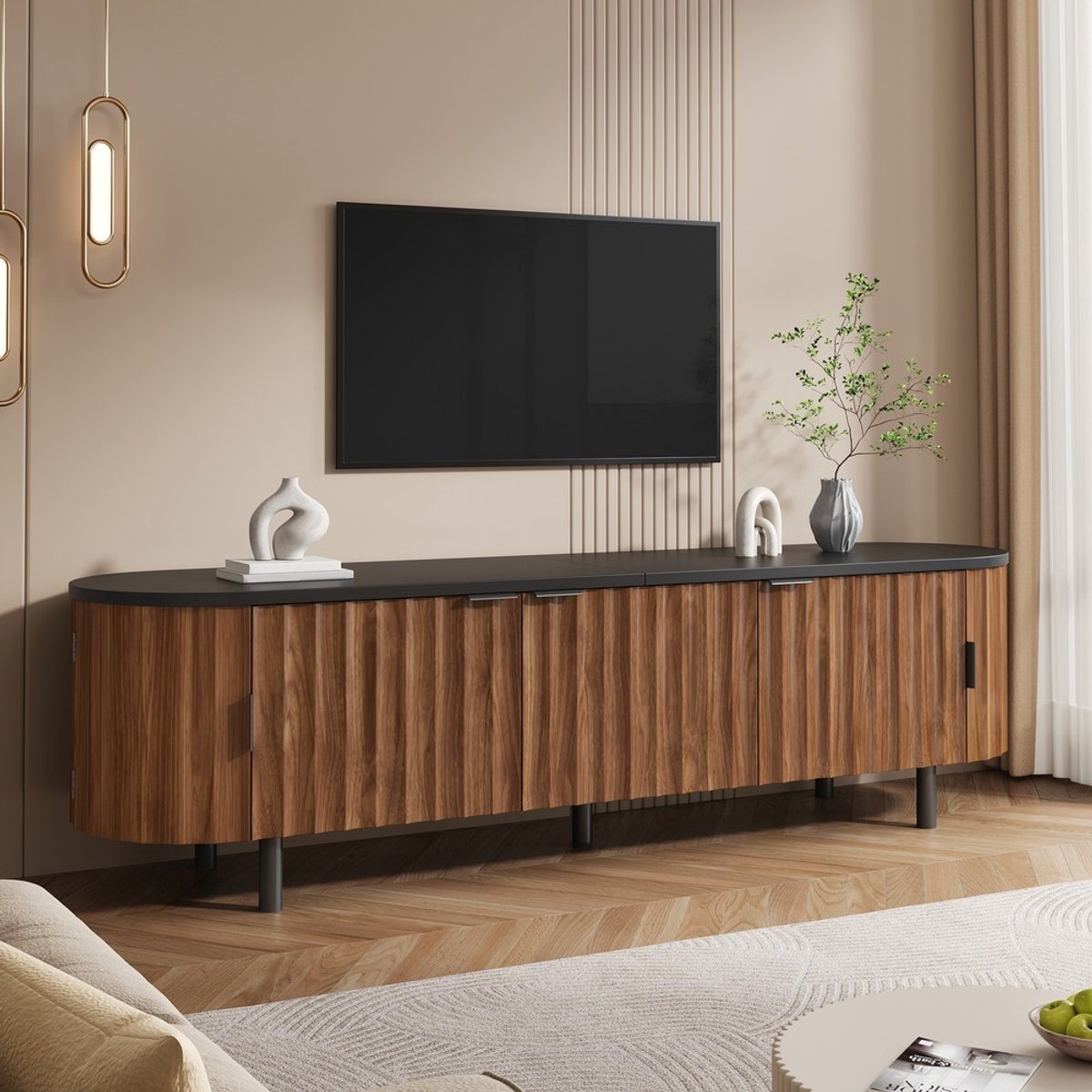Pugsdrly TV-lowboard van MDF met 5 deuren, geribbeld front, afgeronde zijkanten, ijzeren poten en ijzeren handgrepen Walnoot