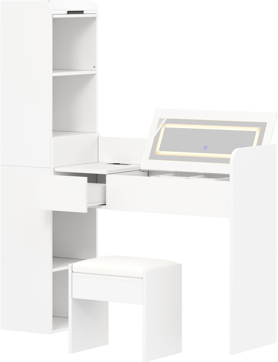 Kaptafel Met LED Spiegel En Kruk - USB Aansluiting - Hoge Zijkast Met Lade En Opbergruimte - Voor Slaapkamer - Wit Houtcomposiet